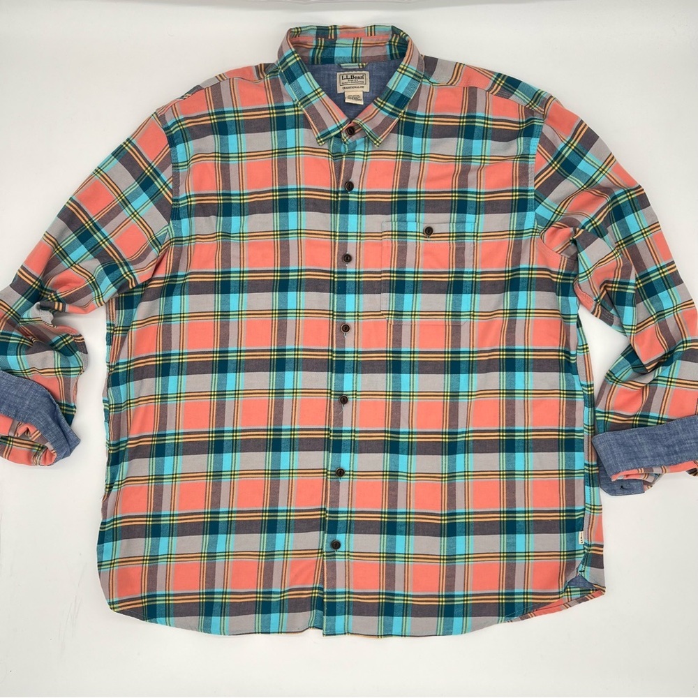 L.L. Bean Men’s XL Plaid Button-Up Shirt – Coral‎ & Teal – Traditional Fit